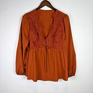 Woman's Babydoll Blouse Size XL Burnt Orange Boho Bohemian Cottage Core Crochet